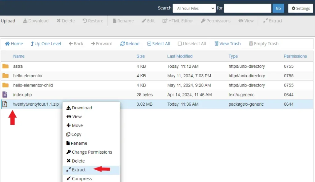 استخراج فایل zip مربوط به قالب وردپرس