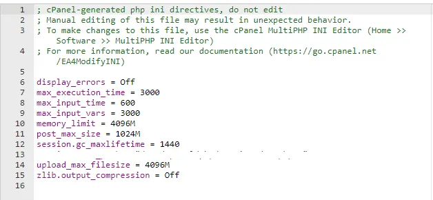 نمونه تنظیمات php اعمال شده در فایل user.ini