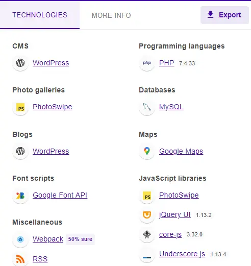 اطلاعات مربوط به افزونه wappalyzer درباره یک سایت وردپرسی