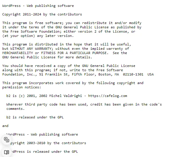 صفحه مربوط به لایسنس یک سایت وردپرسی از راه های شناسایی وردپرسی بودن یک سایت