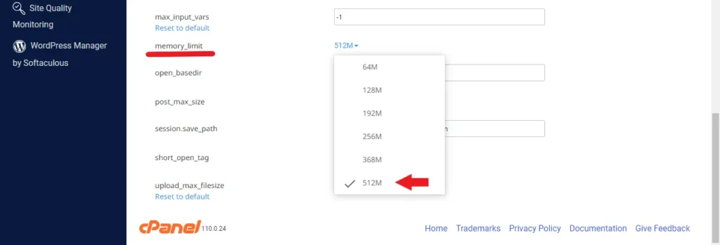 تعیین مقدار محدودیت حافظه در سی پنل