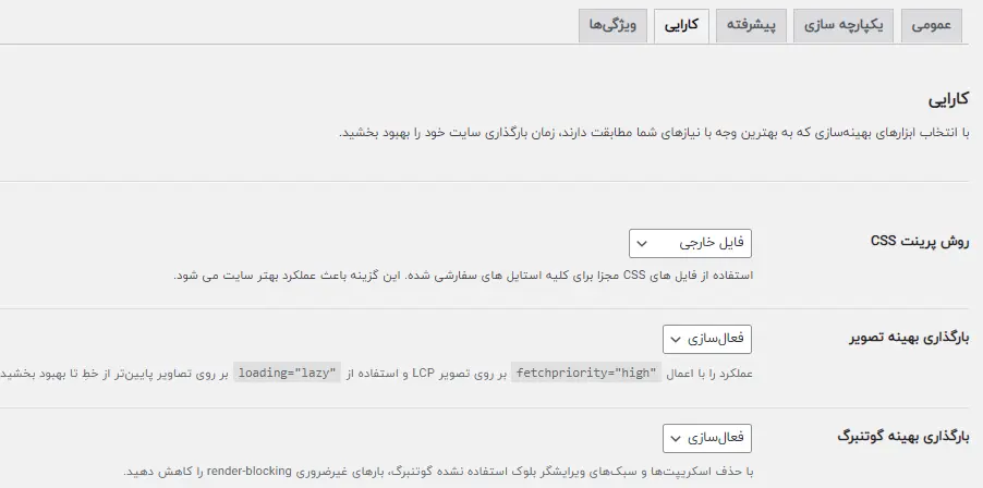 تنظیمات بخش کارایی در پلاگین المنتور