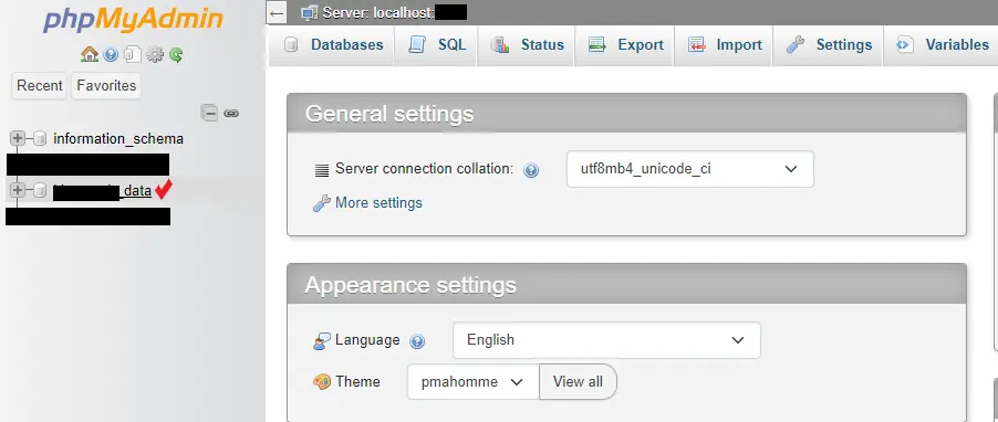 انتخاب دیتابیس اصلی در phpmyadmin