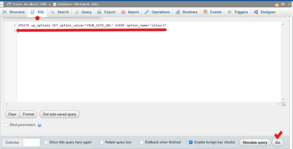بروزرسانی آدرس سایت از طریق بخش sql در phpmyadmin