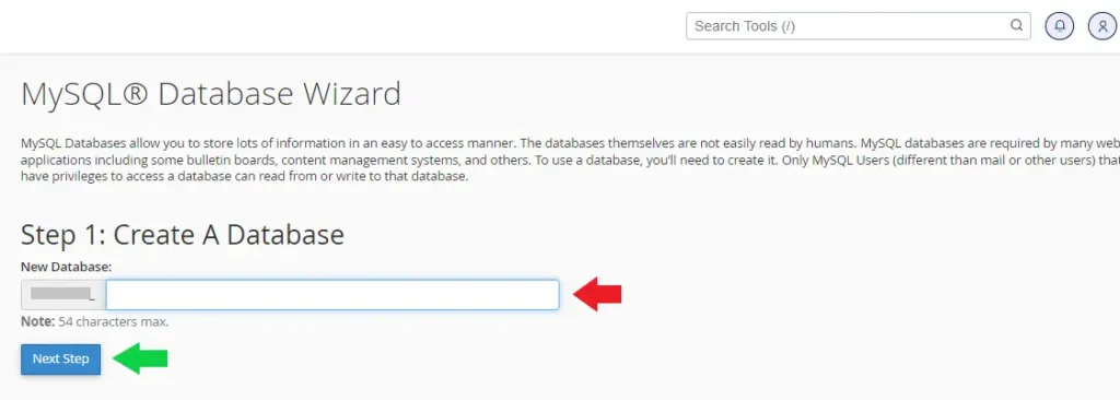 انتخاب نام برای دیتابیس جهت نصب وردپرس روی سی پنل
