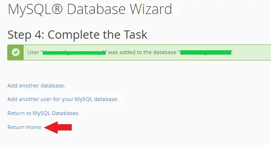 اتمام ساخت دیتابیس در سی پنل و بازگشت به صفحه اصلی هاست سی پنل