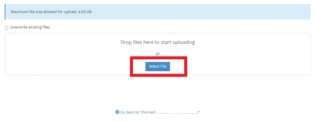 انتخاب فایل برای آپلود در سی پنل برای نصب وردپرس
