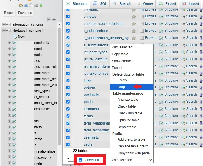 حذف پایگاه داده وردپرس از طریق phpmyadmin
