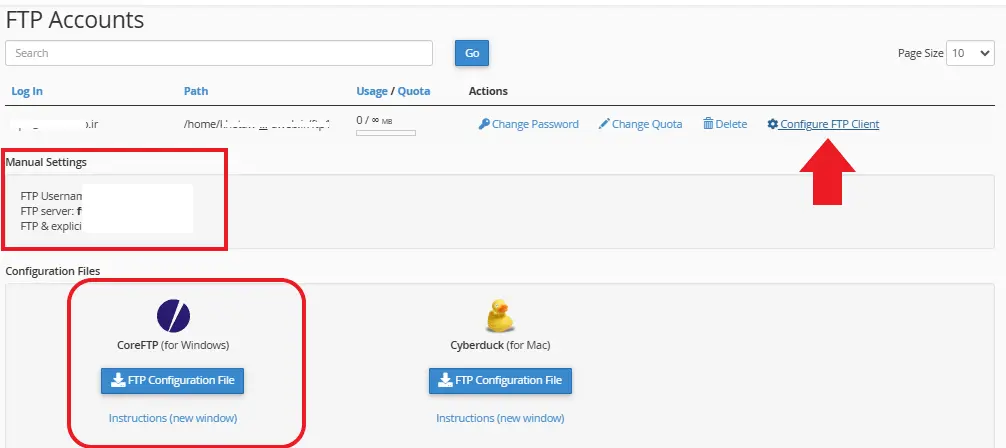اطلاعات اکانت ftp برای تست اتصال به سرور