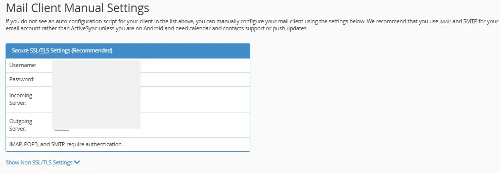 تنظیمات اتصالات ایمیل info به دیکر نرم افزارهای مدیریت ایمیل