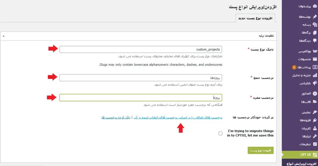 تنظیمات اولیه پست تایپ سفارشی
