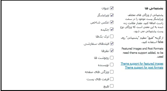 بخش مربوط به تنظیمات پشتیبانی های هر ایتم پست تایپ